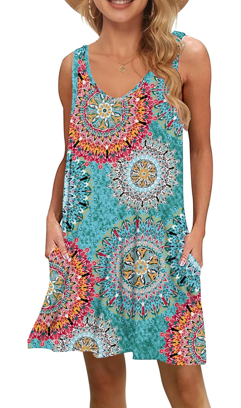 MISFAY Women's Summer Casual T Shirt Dresses Beach Cover up Tank Dress (Print Green,L) - Image 1